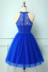 Halter kongeblå blonder kjole