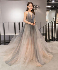 Gray V Neck Tulle Long Prom Dress, Gray Tulle Evening Dress, 1