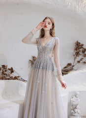 Champagne Prom Dresses, Tulle Beading Luxury V Neck Long Sleeves Evening Dress, 2024 Long Evening Party Dresses, Women Robe De Luxe Femme Backless A Line Prom Gown