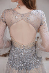 Champagne Prom Dresses, Tulle Beading Luxury V Neck Long Sleeves Evening Dress, 2024 Long Evening Party Dresses, Women Robe De Luxe Femme Backless A Line Prom Gown