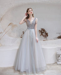 Elegant prom kjole, formelle V hals korte ærmer perlerede tylkjoler, en Ling gulvlængde