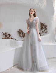 Elegant Prom Dress, Formal V Neck Short Sleeves Beaded Tulle Dresses, A Ling Floor Length