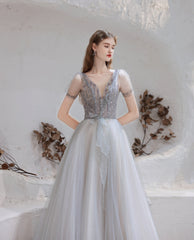 Elegant prom kjole, formelle V hals korte ærmer perlerede tylkjoler, en Ling gulvlængde