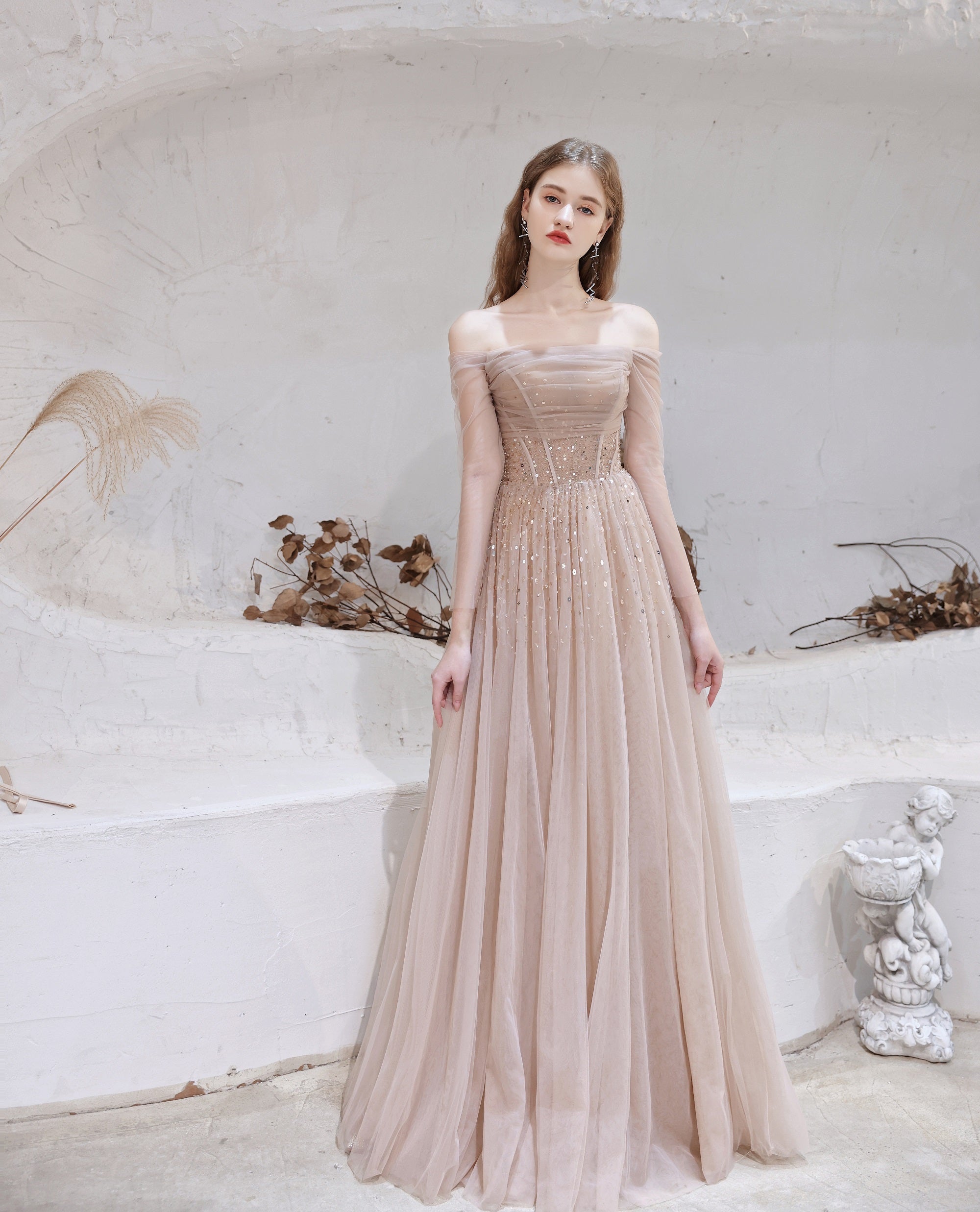 Evening Dress, Nude Color A Line Bateau Neck Floor Length Sequins Formal Party Dresses, Pageant Dress Main image