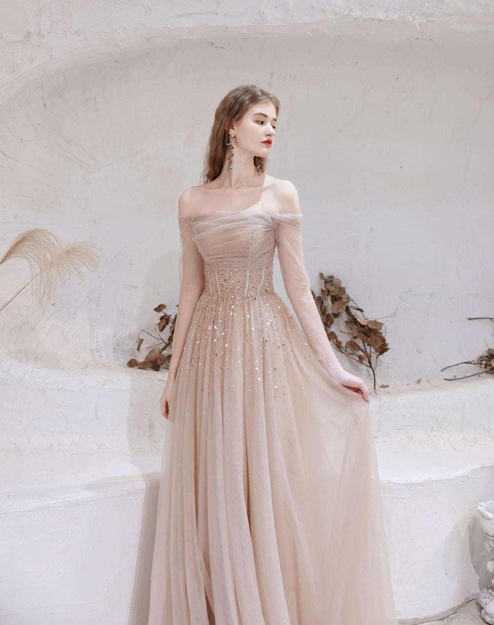 Evening Dress, Nude Color A Line Bateau Neck Floor Length Sequins Formal Party Dresses, Pageant Dress
