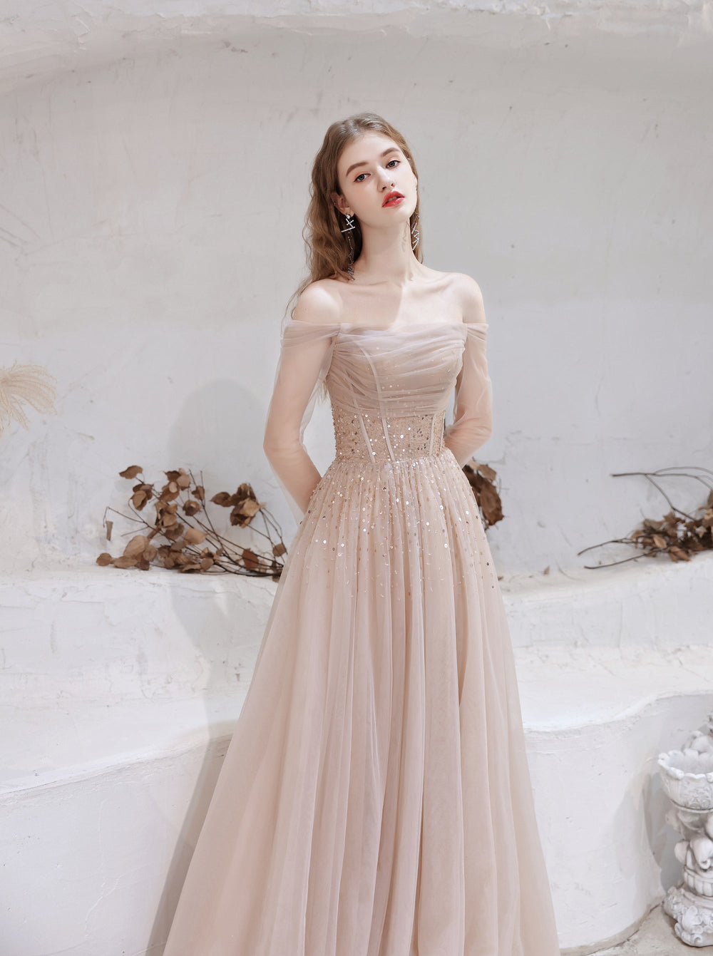 Evening Dress, Nude Color A Line Bateau Neck Floor Length Sequins Formal Party Dresses, Pageant Dress