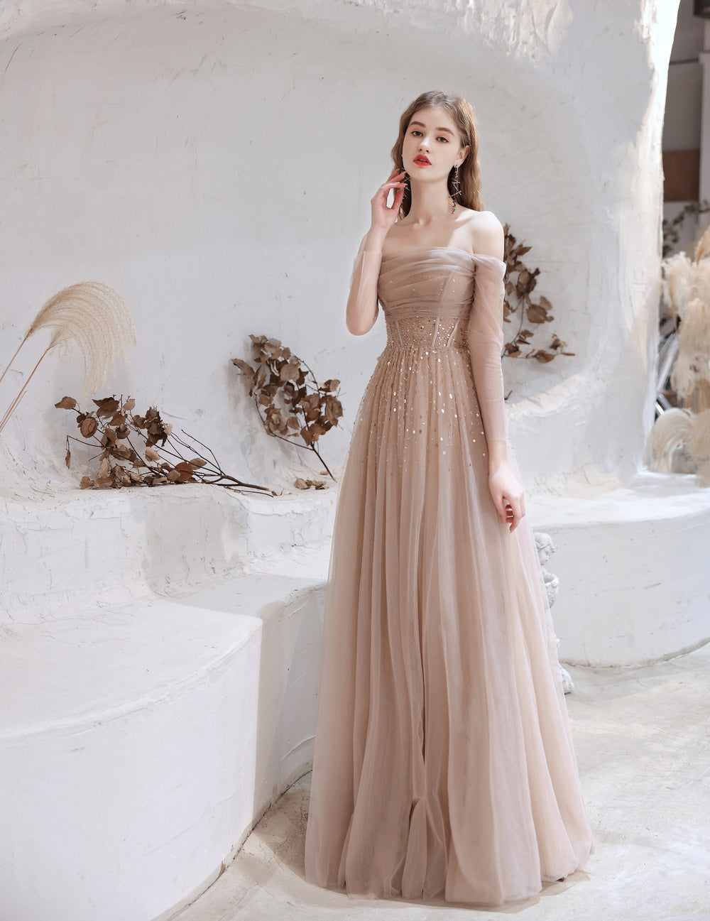 Evening Dress, Nude Color A Line Bateau Neck Floor Length Sequins Formal Party Dresses, Pageant Dress