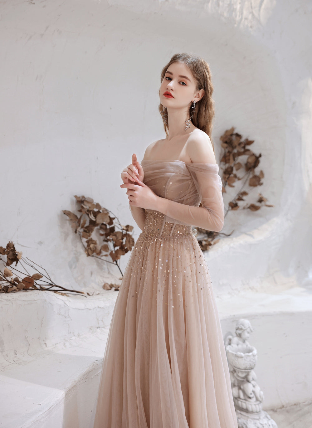 Evening Dress, Nude Color A Line Bateau Neck Floor Length Sequins Formal Party Dresses, Pageant Dress