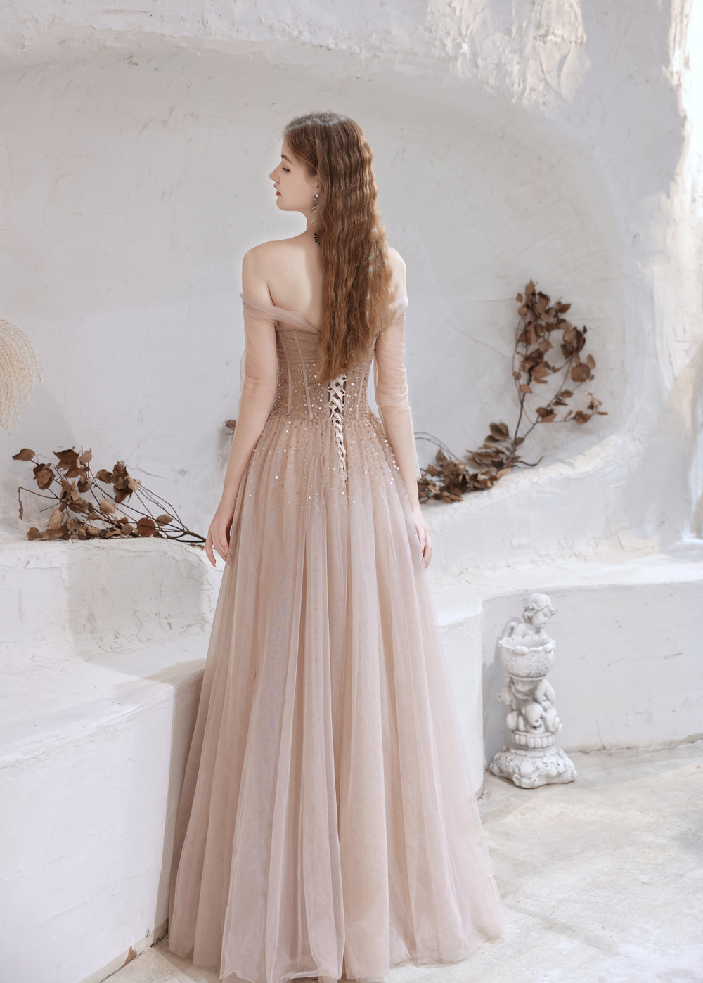 Evening Dress, Nude Color A Line Bateau Neck Floor Length Sequins Formal Party Dresses, Pageant Dress