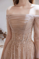 Evening Dress, Nude Color A Line Bateau Neck Floor Length Sequins Formal Party Dresses, Pageant Dress