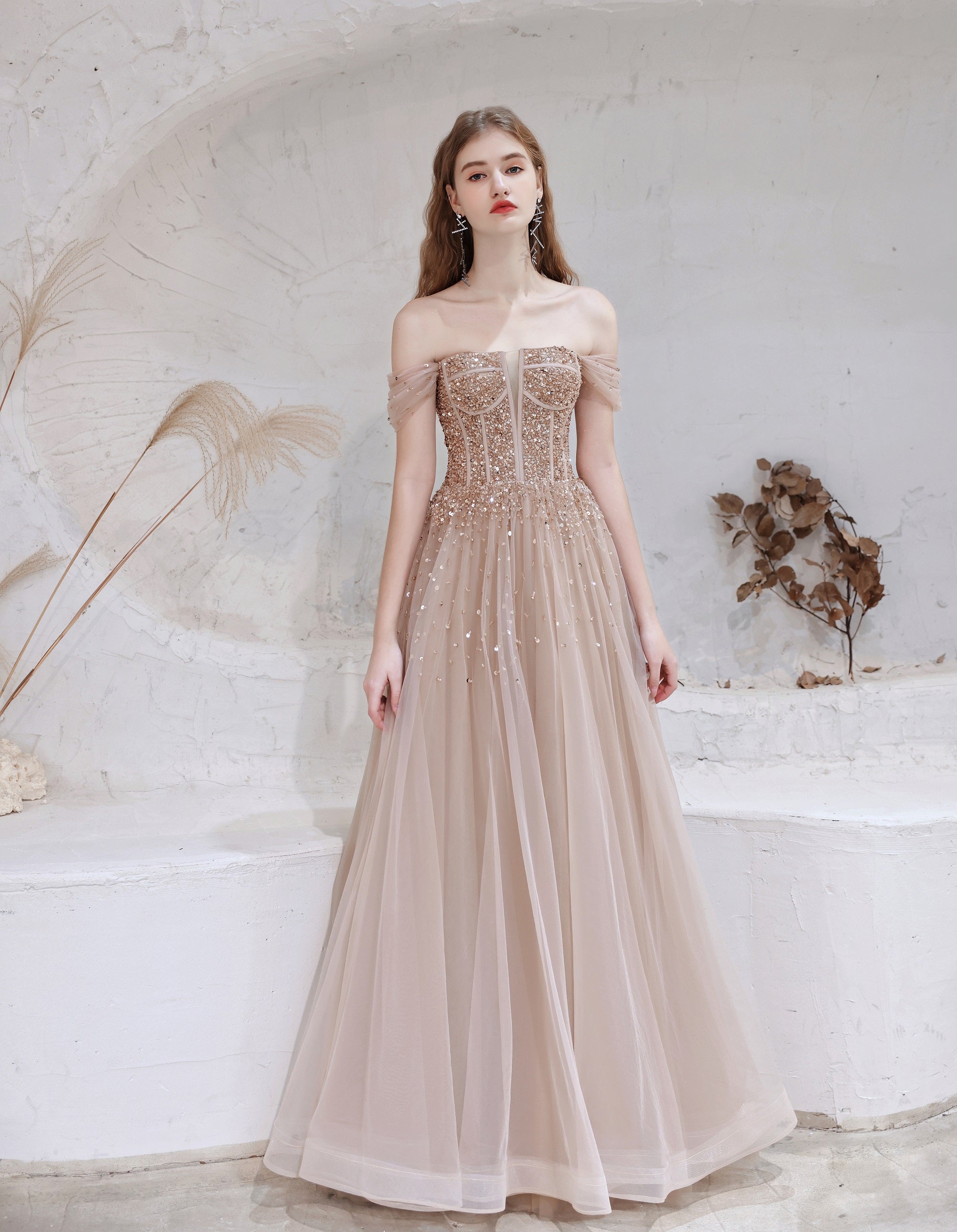 A Line Prom Dresses, Strapless Starlight Princess Champagne Prom Dress, Long Evening Dress