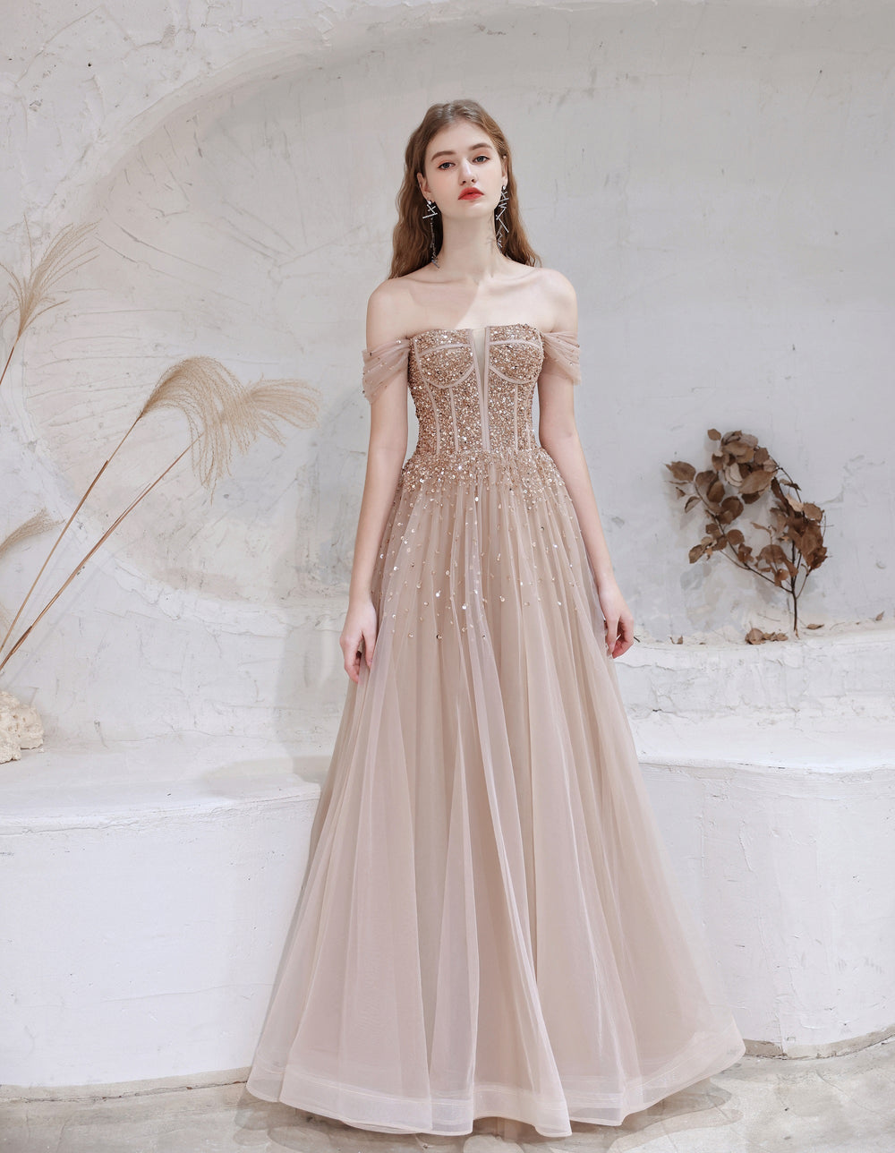 A Line Prom Dresses, Strapless Starlight Princess Champagne Prom Dress, Long Evening Dress