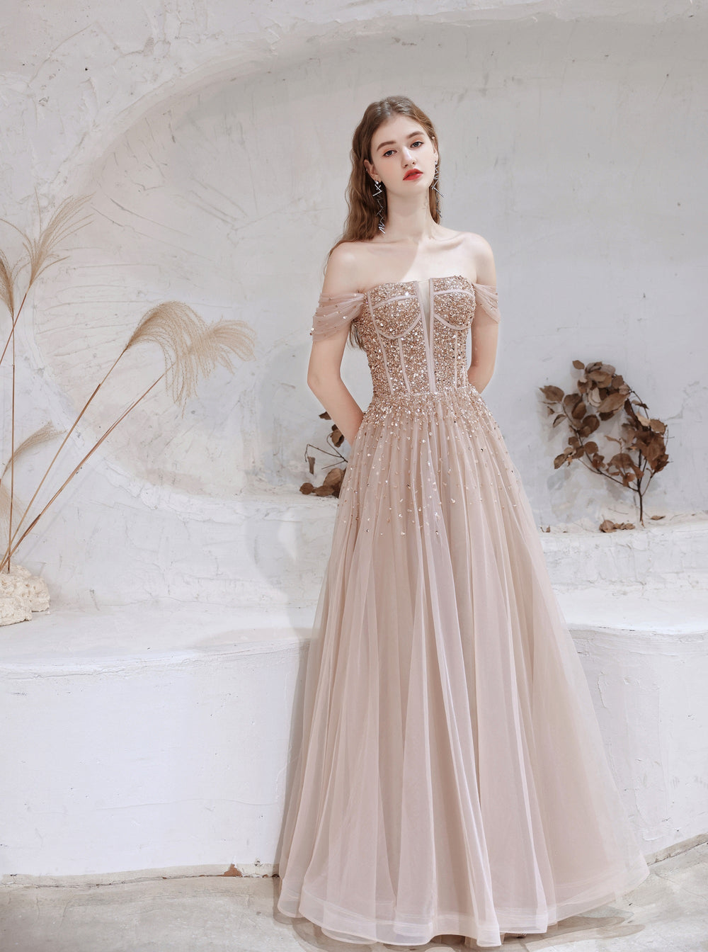 A Line Prom Dresses, Strapless Starlight Princess Champagne Prom Dress, Long Evening Dress