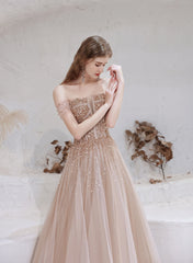 A Line Prom Dresses, Strapless Starlight Princess Champagne Prom Dress, Long Evening Dress