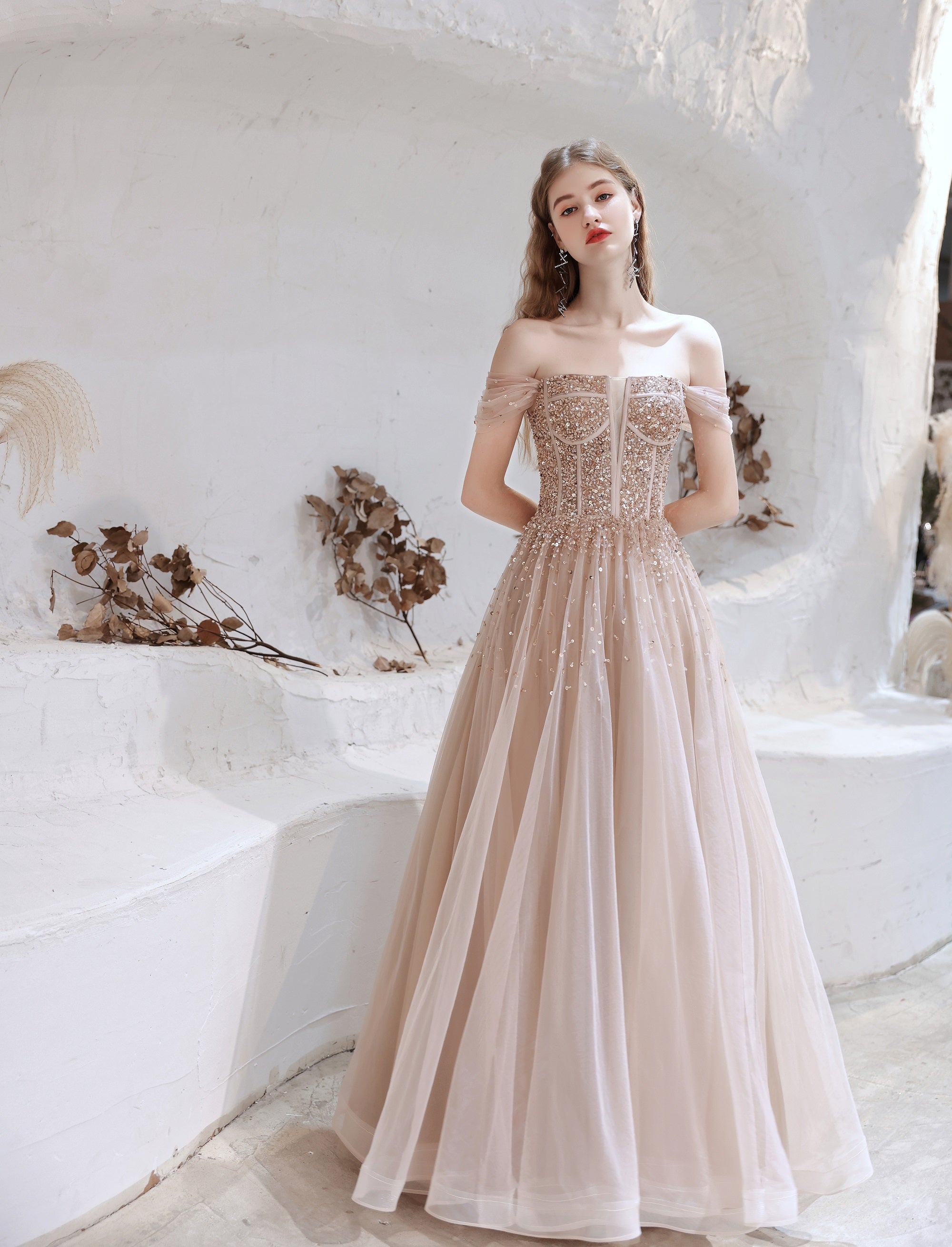 A Line Prom Dresses, Strapless Starlight Princess Champagne Prom Dress, Long Evening Dress