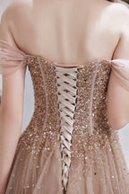 A Line Prom Dresses, Strapless Starlight Princess Champagne Prom Dress, Long Evening Dress