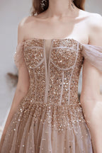 A Line Prom Dresses, Strapless Starlight Princess Champagne Prom Dress, Long Evening Dress