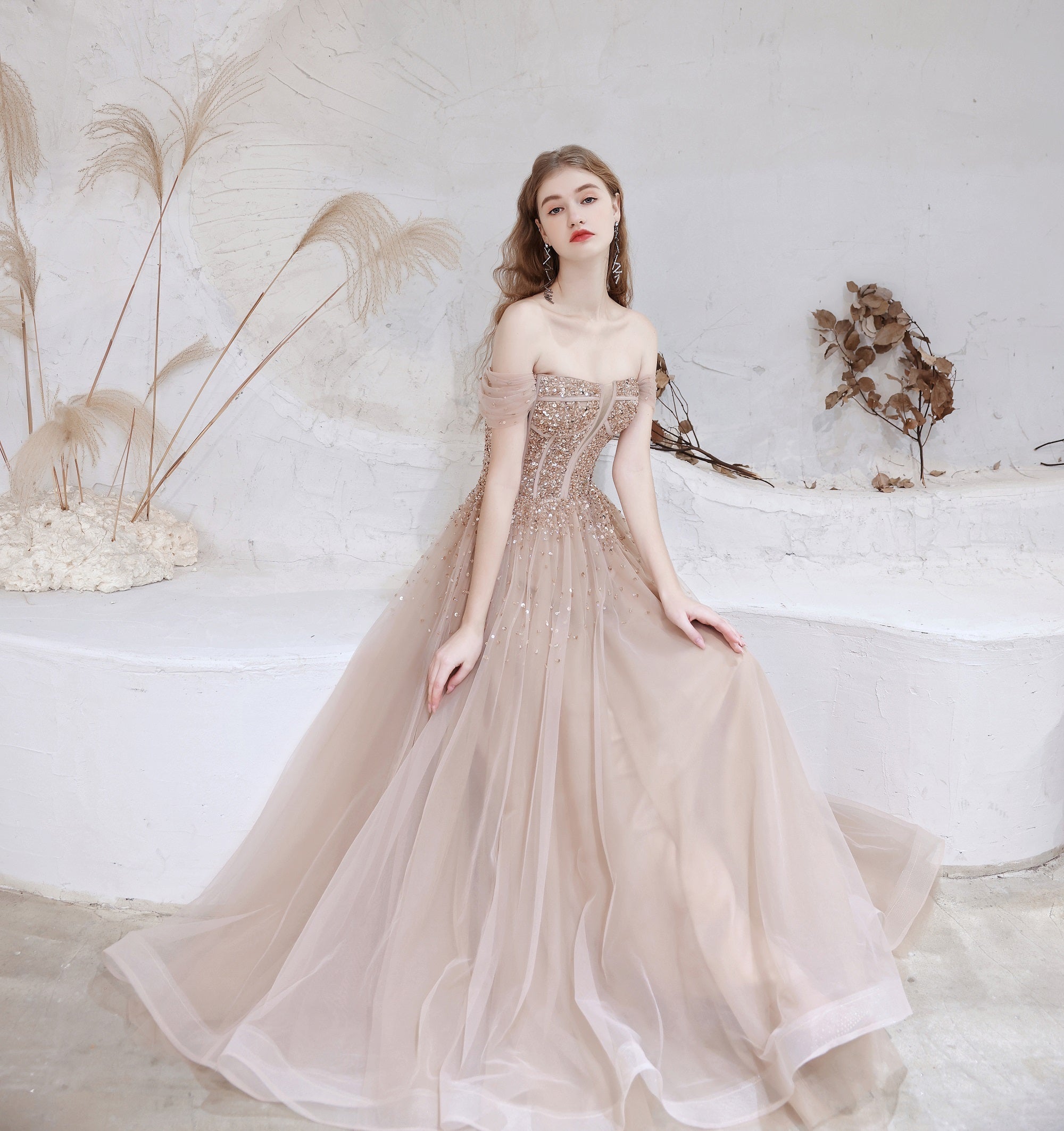 A Line Prom Dresses, Strapless Starlight Princess Champagne Prom Dress, Long Evening Dress