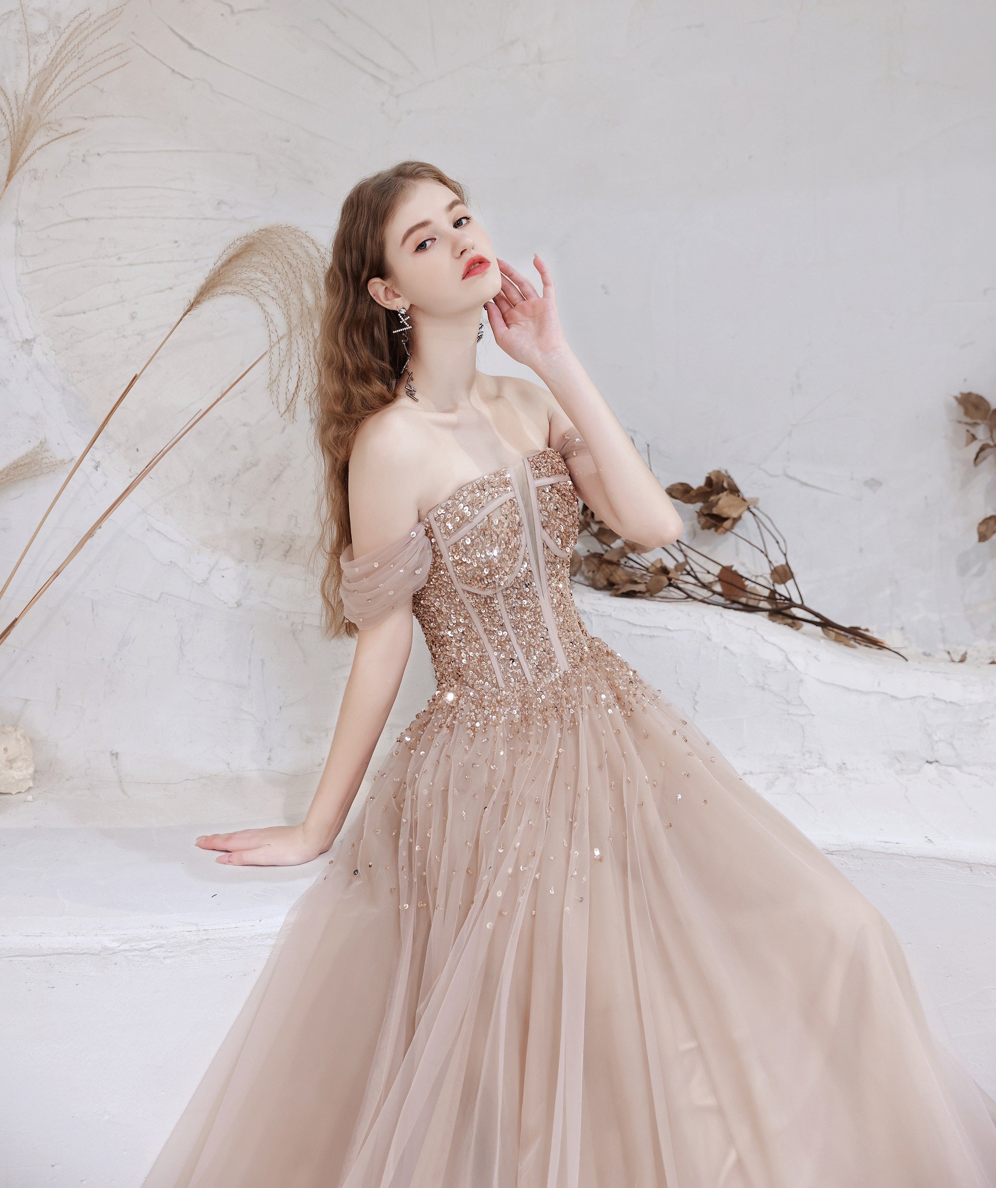A Line Prom Dresses, Strapless Starlight Princess Champagne Prom Dress, Long Evening Dress