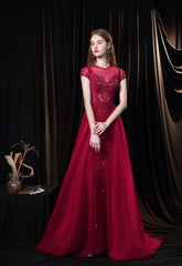 Cap Sleeves Prom Dress, 2024 Beading Appliques Tulle Scoop Floor Length Burgundy Prom Dresses