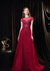 Cap Sleeves Prom kjole, 2024 Beading Applices Tulle Scoop gulvlængde Burgundy Prom kjoler