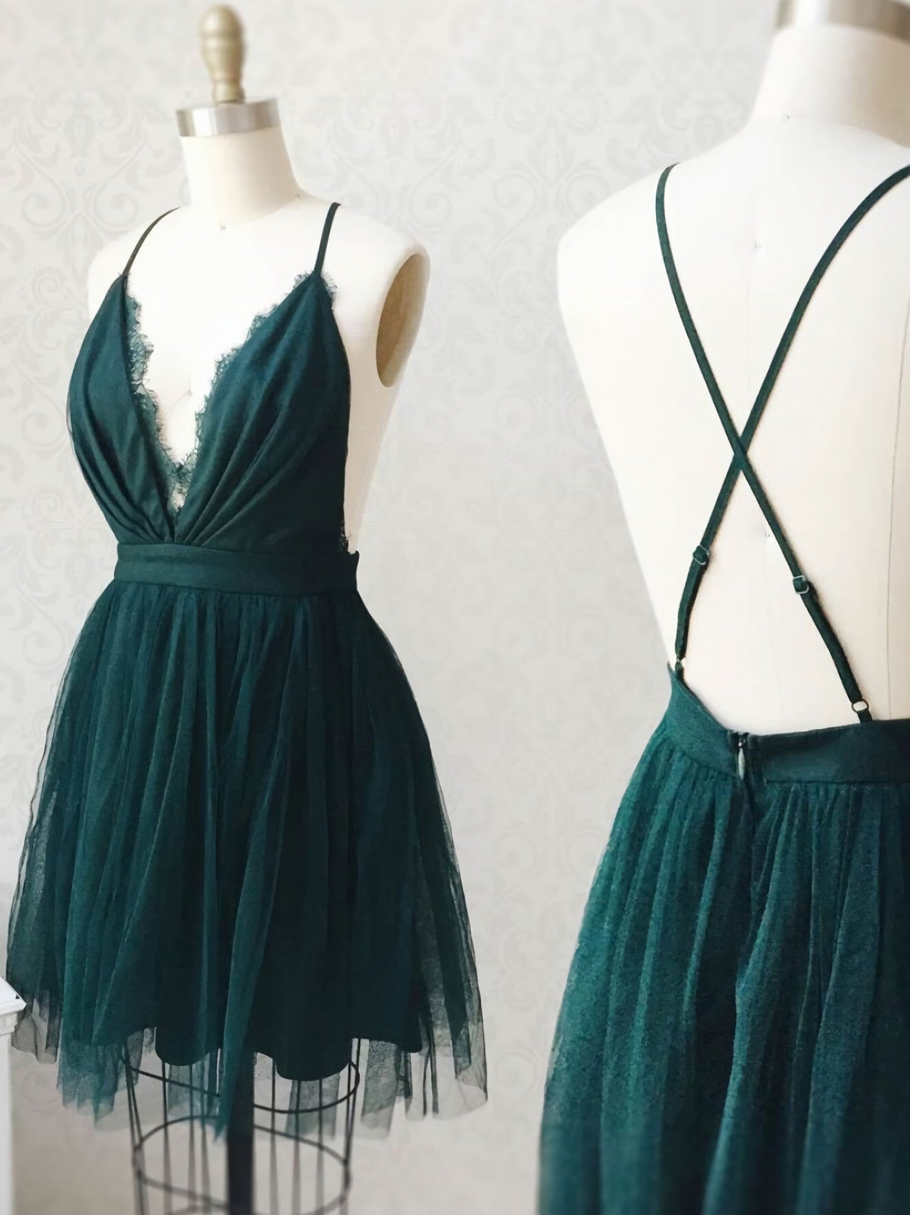 Green Tulle Lace Short Prom Dress Green Tulle Lace Homecoming Dress