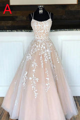 Puffy Spaghetti Straps Prom Dress With Appliques Long Evening Dress