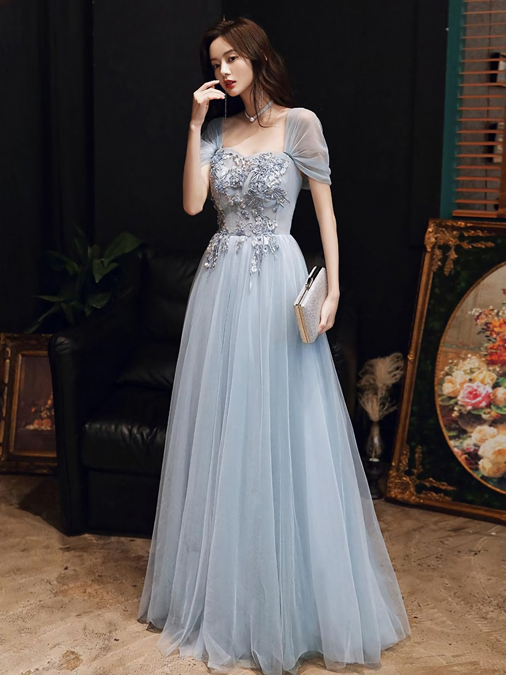 Blue Tulle Off Shoulder Tulle Lace Long Prom Dress, Blue Formal Dress