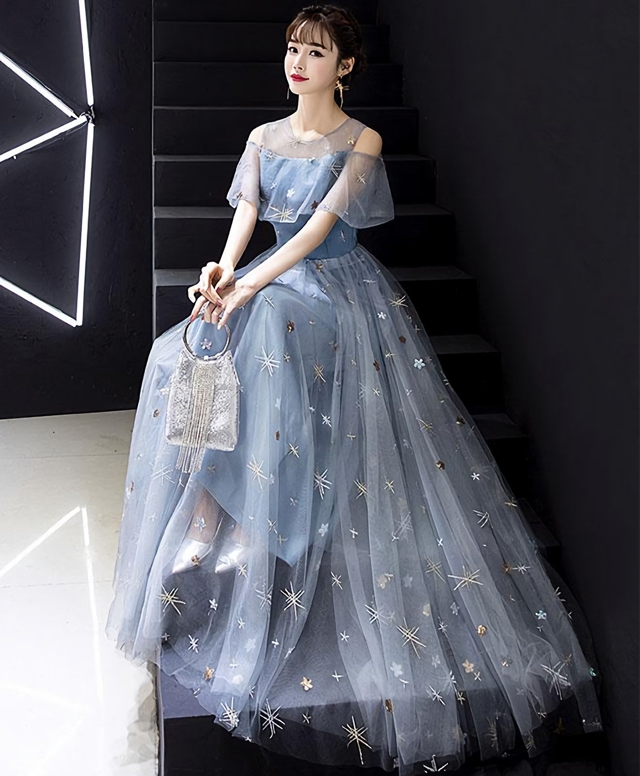 Blue Round Neck Tulle Long Prom Dress, Blue Tulle Evening Dress, 1 Main image
