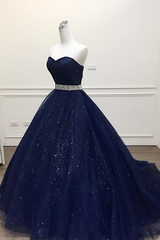 Navy Blue Ball Gown Court Train Sleeveless Mid Back Sparkle Prom Dresses
