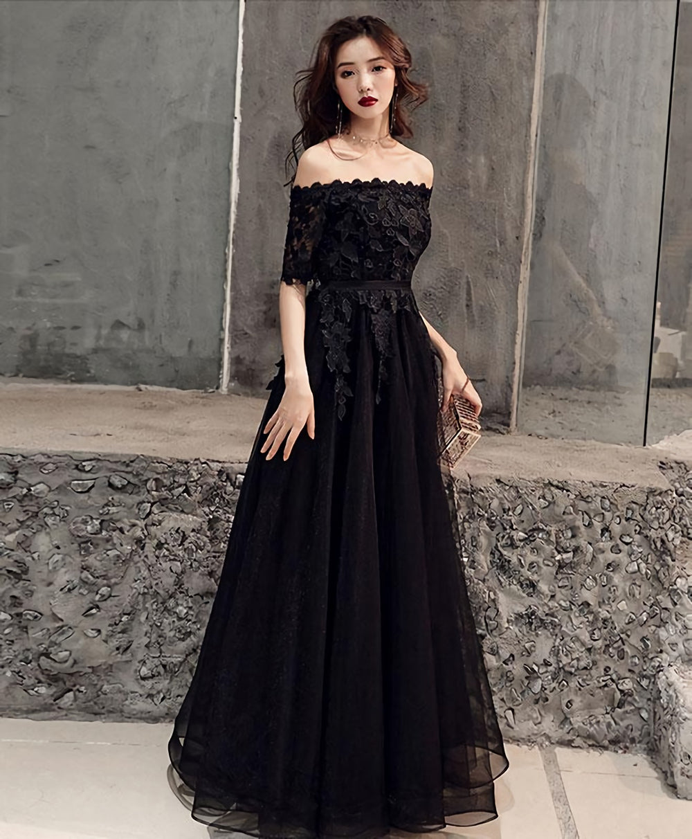 Black Tulle Lace Long Prom Dress, Black Tulle Evening Dress, 1