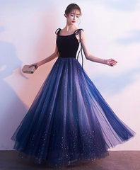 Simple Blue Tulle Long Prom Dress, Blue Evening Dress