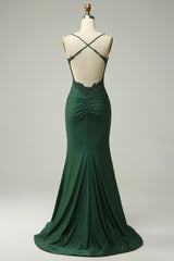 Prom Dresses Sale, Mermaid Dark Green Satin Spaghetti Straps Prom Dress
