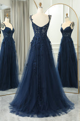 Navy A-Line Spaghetti Straps Zipper Back Long Prom Dress With Appliques