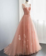 Pink V Neck Tulle Long Prom Dress, Tulle Evening Dress