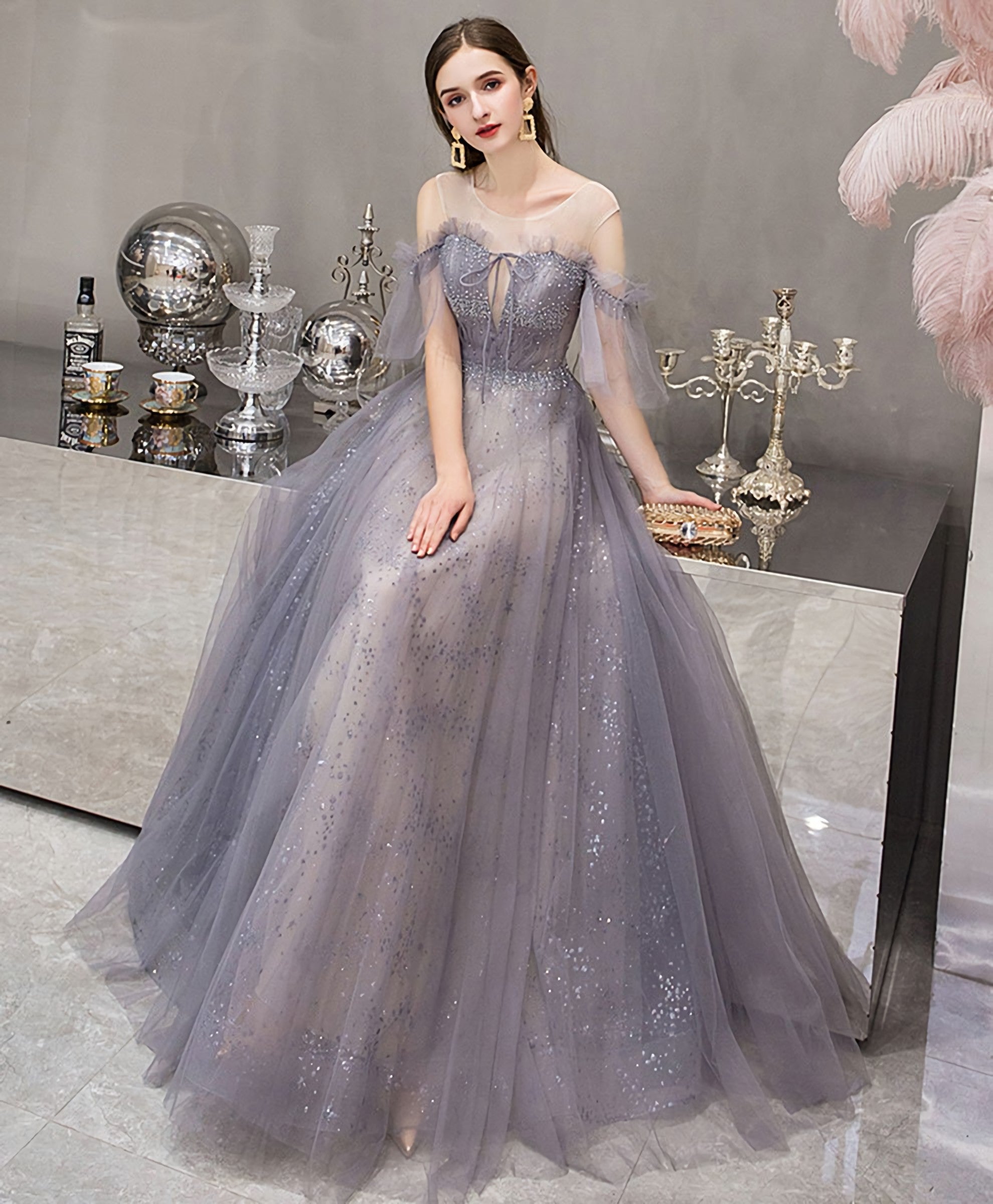 Blue Round Neck Tulle Sequin Long Prom Dress, Blue Evening Dress Main image