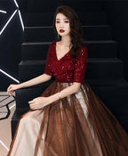 Burgundy Sequin Tulle Long Prom Dress, Burgundy Evening Dress
