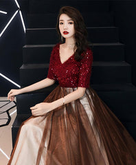 Burgundy Sequin Tulle Long Prom Dress, Burgundy Evening Dress