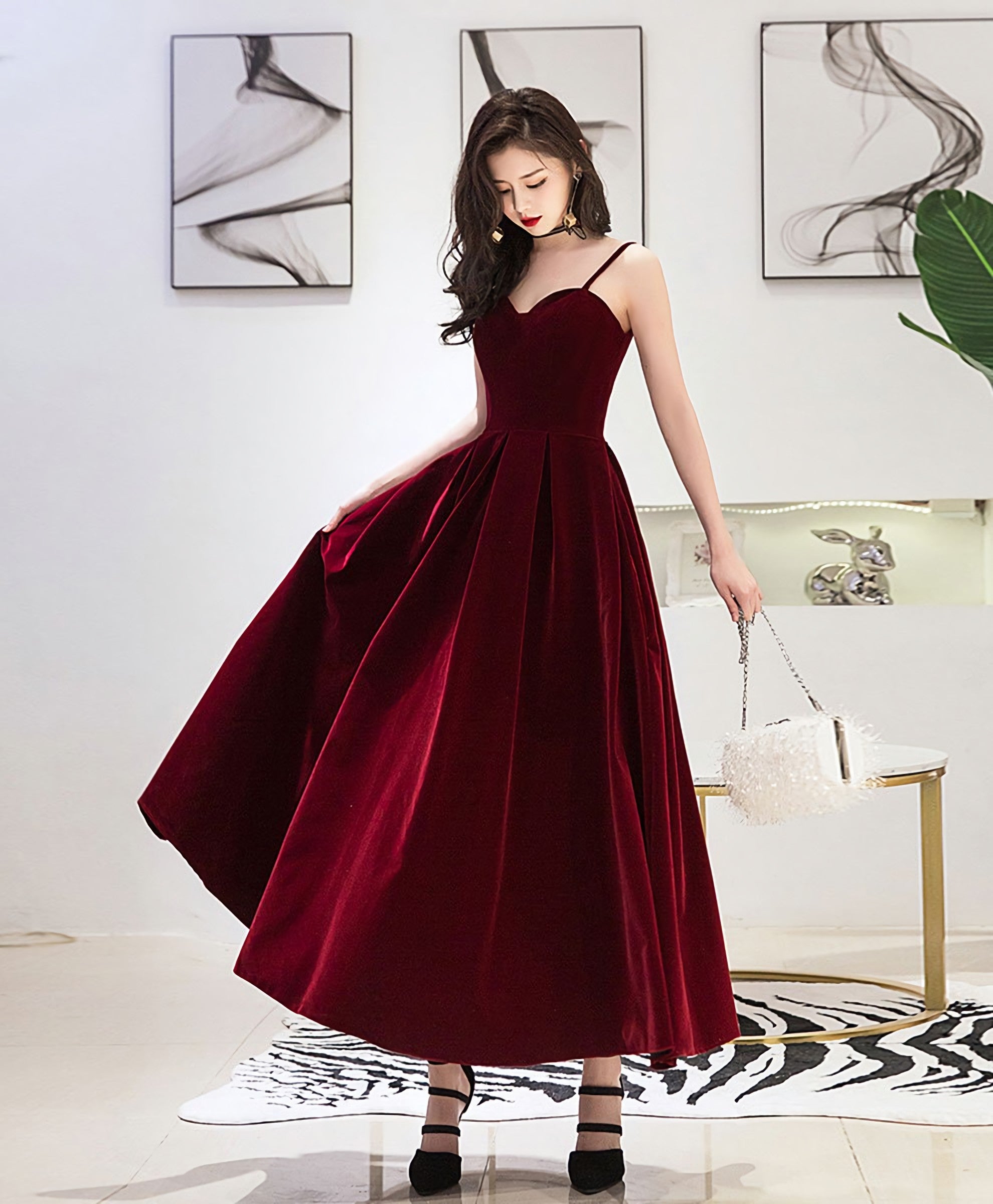 Burgundy Sweetheart Tea Length Prom Dress, Burgundy Bridesmaid Dress, 1 Main image