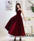 Burgundy Sweetheart Tea Length Prom Dress, Burgundy Bridesmaid Dress, 1
