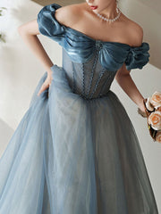 Blue Sweetheart Off Shoulder Tulle Long Prom Dress, Blue Formal Dress