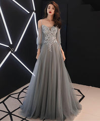 Gray Sweetheart A Line Tulle Lace Long Prom Dress, Gray Evening Dress