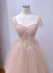 Pink Sweetheart Tulle Beaded Long Party Dress Outfits For Girls, Pink Tulle Prom Dress Outfits For Women Evening Dress