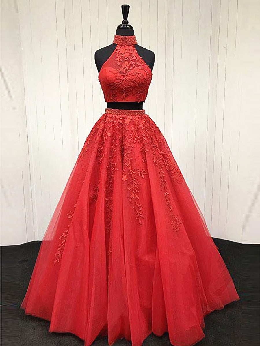 2 Pieces Pink Red Lace Prom Dresses For Black girls For Women, Two Pieces Pink Red Tulle Lace Formal Evening Dresses
