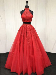 2 Pieces Pink Red Lace Prom Dresses For Black girls For Women, Two Pieces Pink Red Tulle Lace Formal Evening Dresses