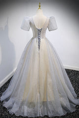 Grey V-Neck Tulle Beading Long Prom Dresses, A-Line Evening Dresses