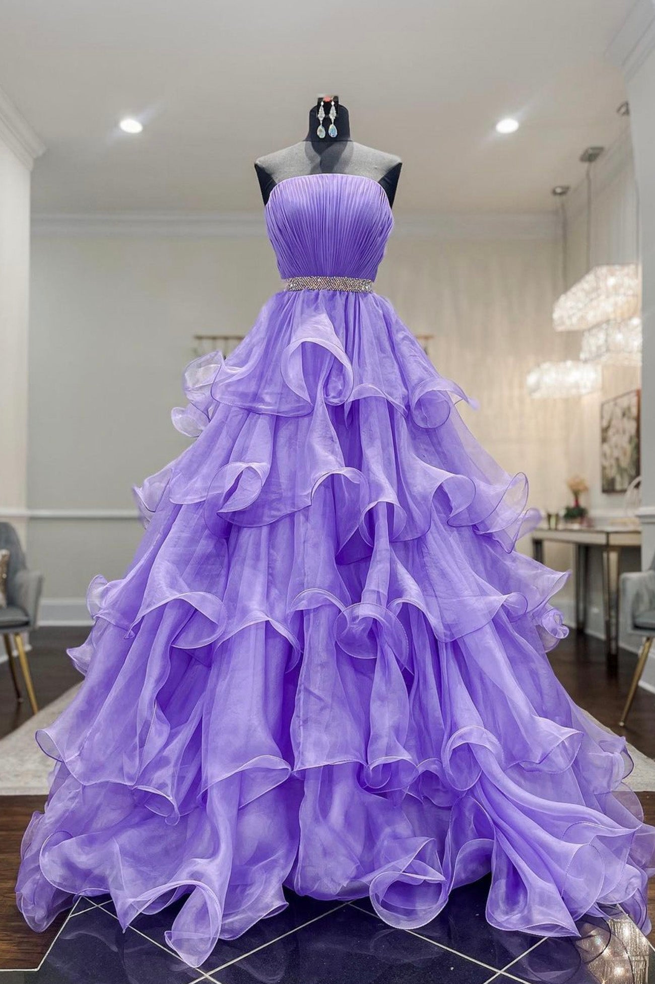 Purple Strapless Organza Long Prom Dress, Princess Quinceanera Dresses