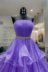 Purple Strapless Organza Long Prom Dress, Princess Quinceanera Dresses