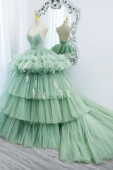Green V-Neck Layers Tulle Long Ball Gown, A-Line Formal Gown