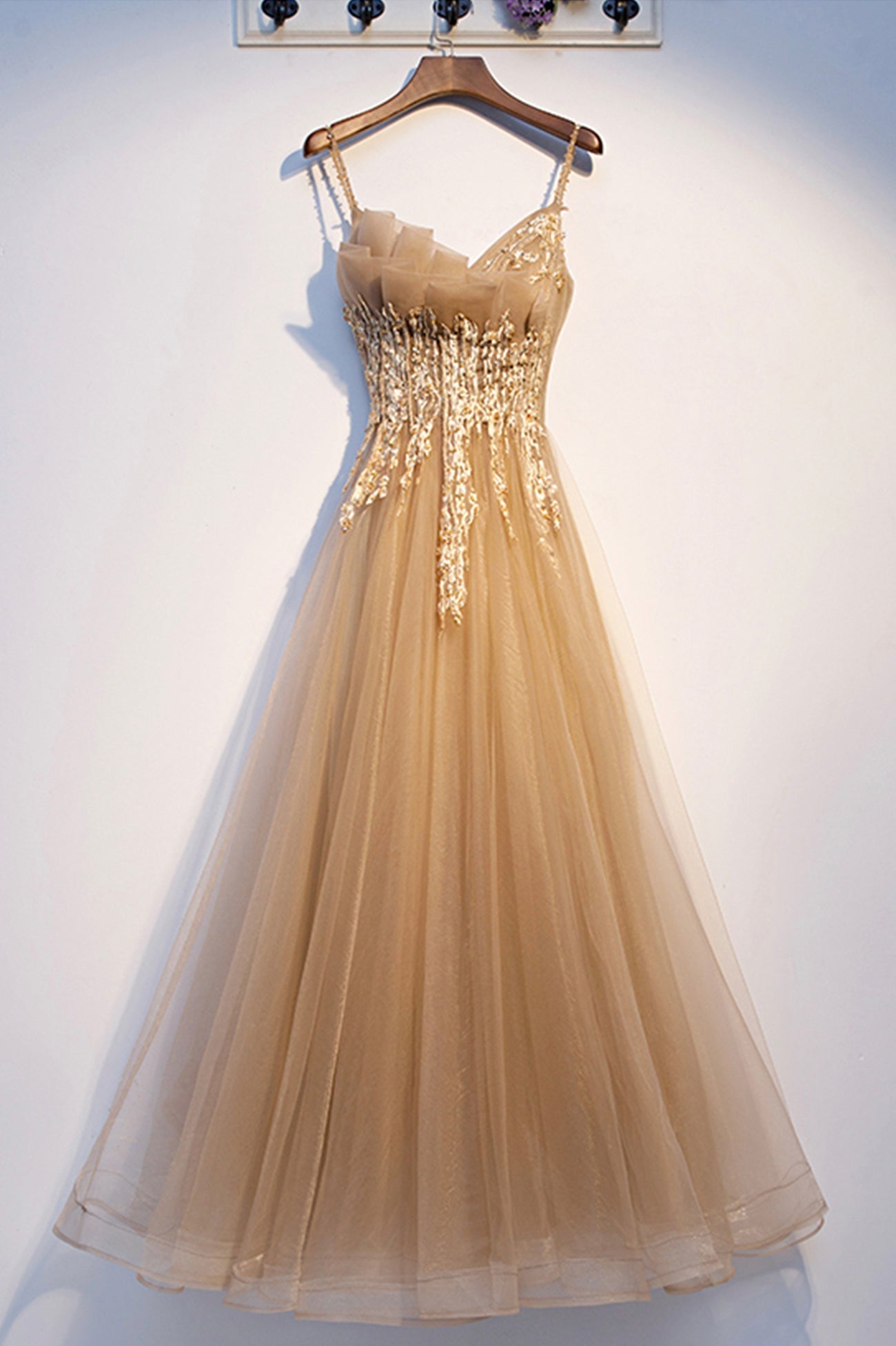 Yellow Tulle Lace Long Prom Dress, A-Line Lace Evening Dress